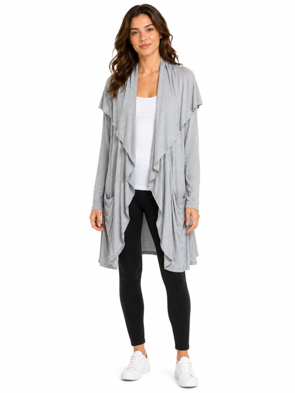 ANGELROX "Cardi" Grey Bamboo Spandex Draped Waterfall Cardigan Pockets OSFM